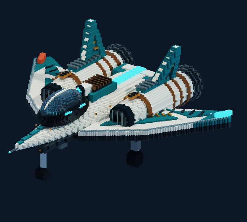 A white and teal starfighter with twin engines and landing gear down.