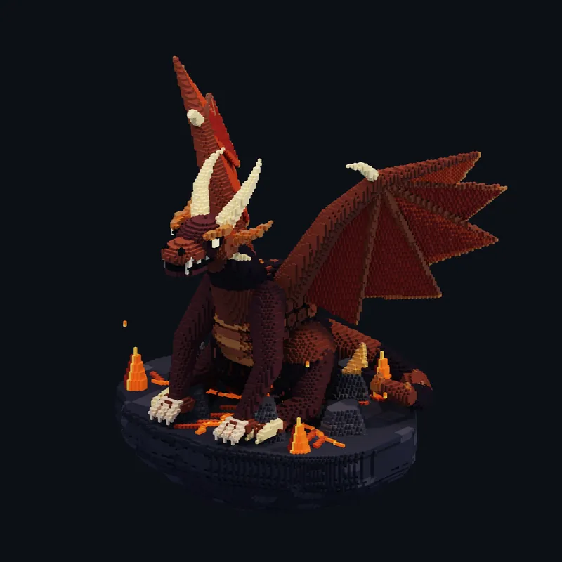A dragon perched on a cracked lava rock base.