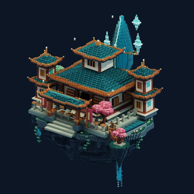 A floating sky temple on a rock island, with teal tiled roofs, towers, cherry trees and a waterfall.